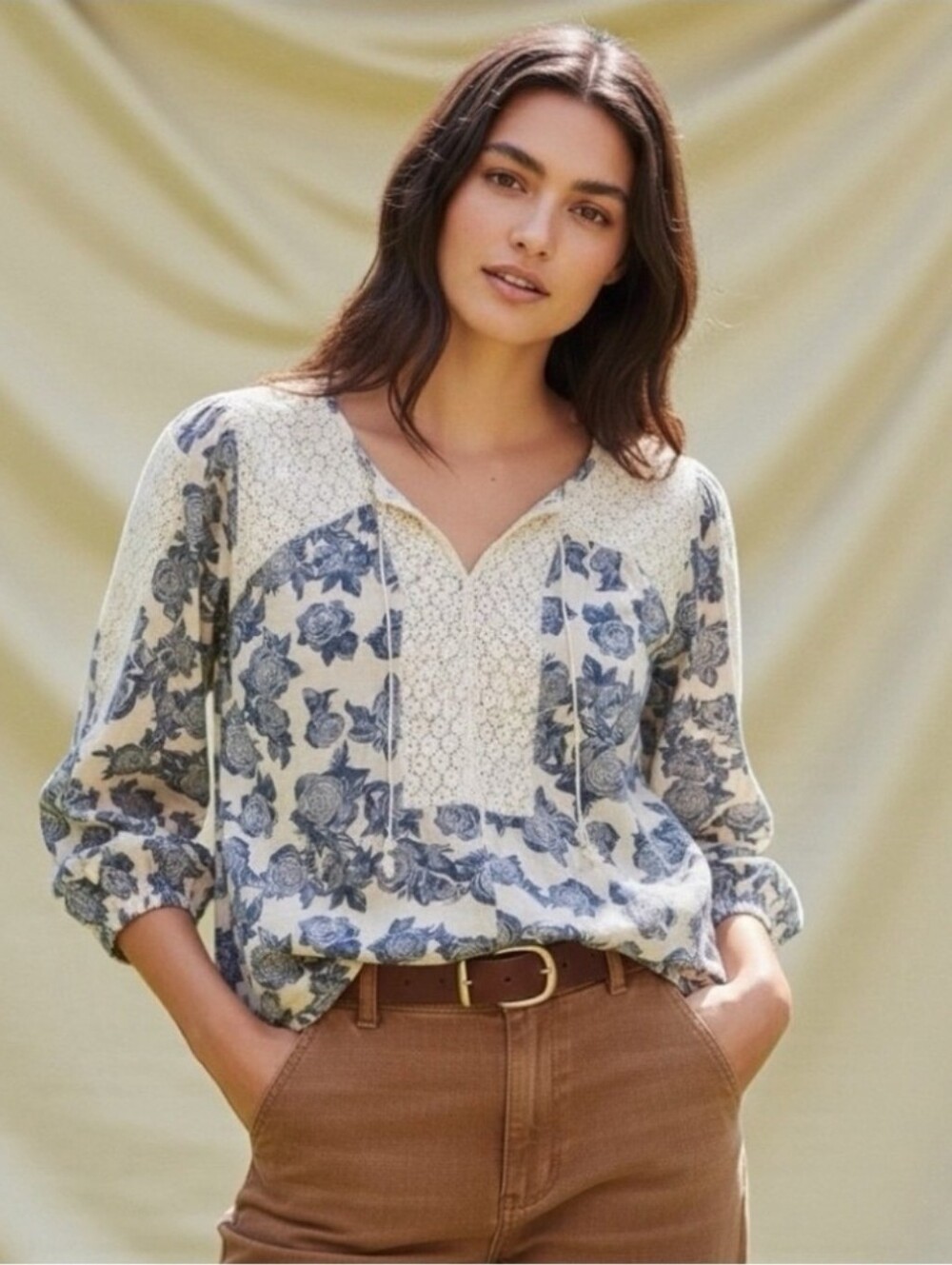 Floral Lace-Panel Peasant Blouse in Cream and Blue
